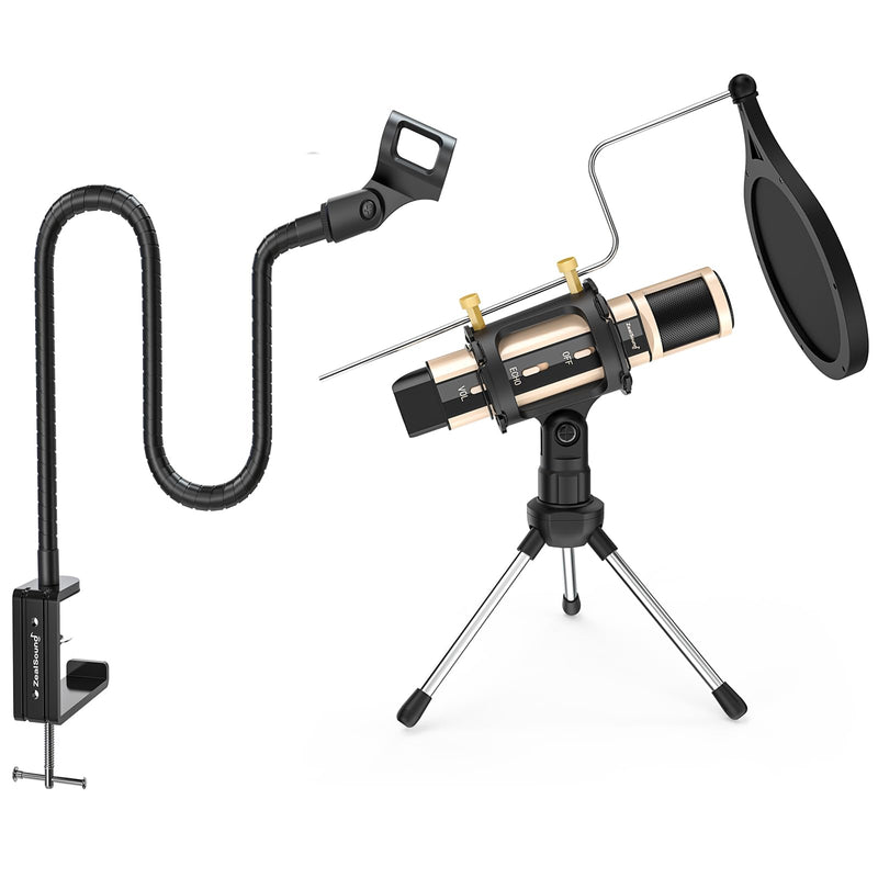 ZealSound Recording Microphone k08 Gold + Gooseneck Microphone Arm Stand