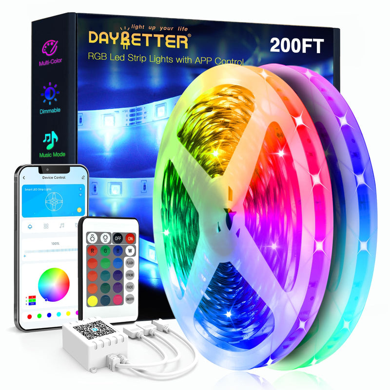 DAYBETTER Led Strip Lights 200ft (2 Rolls of 100ft) Ultra Long Smart Light Strips with App Voice Control Remote, RGB Music Sync Color Changing Lights for Bedroom, Kitchen, Party,Home Decoration