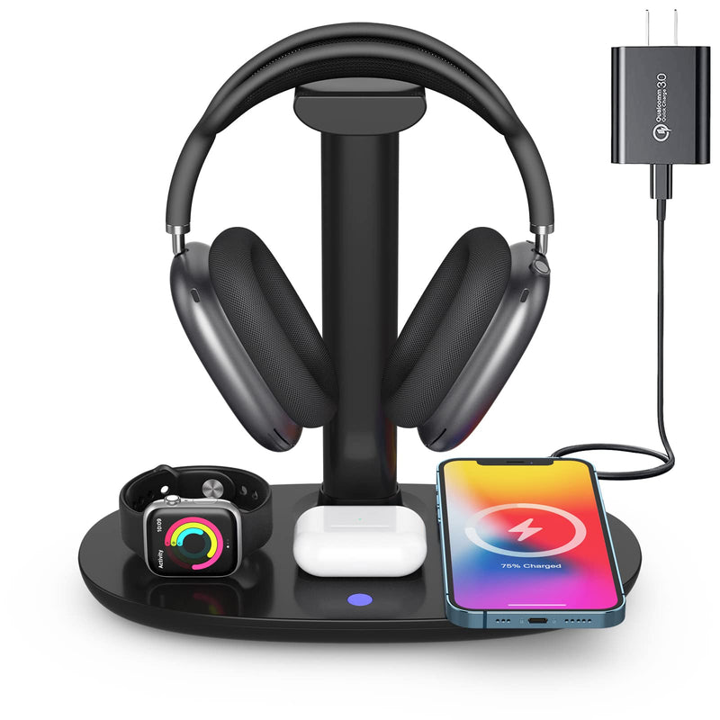 Headphone Stand with 15w Wireless Charger, Suguder 4 in 1 Qi Charging Station Headset Holder for AirPods Max/Pro/2 iWatch 7/6/5/4/3/2/1/SE iPhone 13/12/11/XS/XR/X/8 Series for Desktop Table Game,Black Black