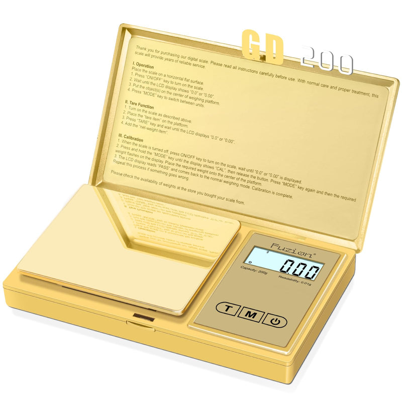 Fuzion Gram Scale, 200gx0.01g Digital Pocket Scale Gold Titanium Plating, High Precision Small Scale, 6 Units Jewelry Scale with Back-Lit LCD, Tare Function for Food, Powder, Herb, Arrow, Travel FZ-200