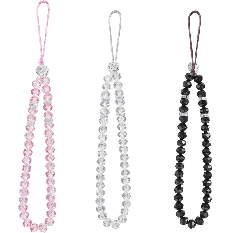 Weewooday 3 Pieces Cell Phone Lanyard Strap Phone Charm Bling Crystal Beads Hand Wrist Lanyard Strap Beaded Women's Wristlet Black, White, Pink