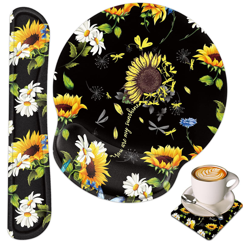 Keyboard Wrist Rest and Mouse Wrist Rest Pad with Cup Coaster,Made of Memory Foam,Ergonomic Support,Easy-Typing and Pain Relief,for Gaming Office Home Computer,You are My Sunshine Sunflower Dragonfly You Are My Sunshine Sunflower Dragonfly