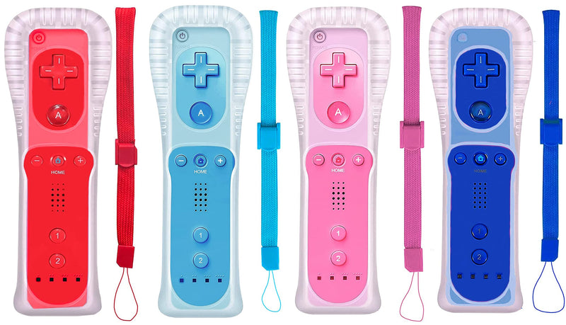 4 Packs Classic Remote Controller Compatible for Wii Wii U Console, Gamepad with Soft Silicone Sleeve and Wrist Strap (Red+Blue+Pink+Dark Blue) Red+Blue+Pink+Dark Blue