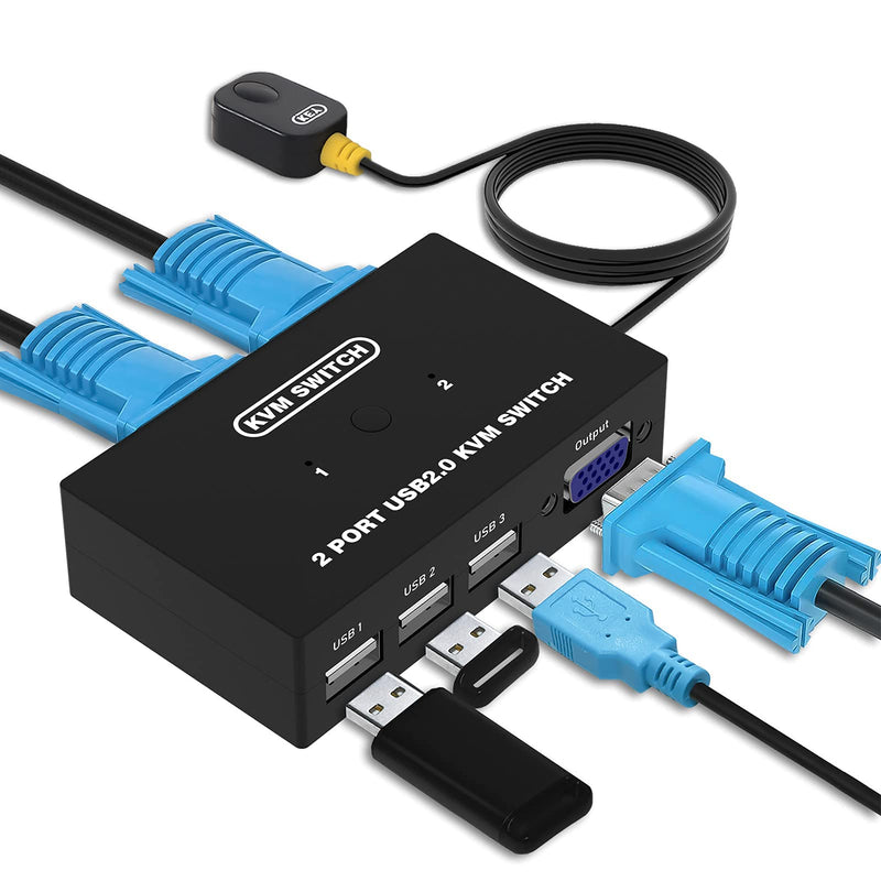 USB VGA KVM Switch for 2 PC Sharing 1 Video Monitor and 3 USB Devices, Keyboard Mouse Scanner Printer, for Laptop PC Windows Mac OS System 2 Port VGA KVM