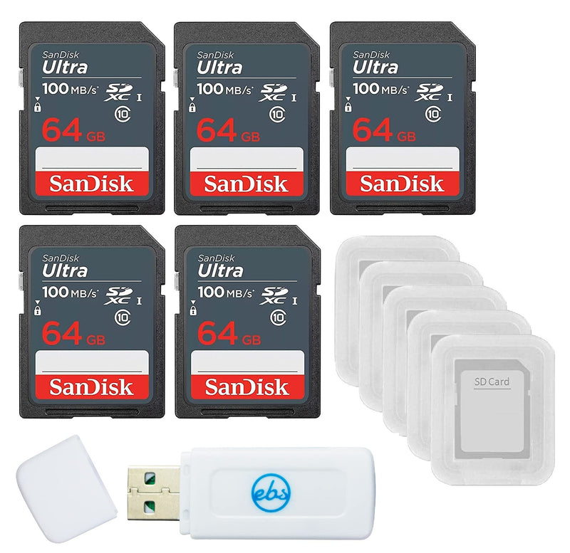 SanDisk 64GB Ultra SD Memory Card 5 Pack SDXC UHS-I Class 10 (SDSDUNR-064G-GN3IN) Bundle with 5 SD Card Cases & 1 Everything But Stromboli Card Reader