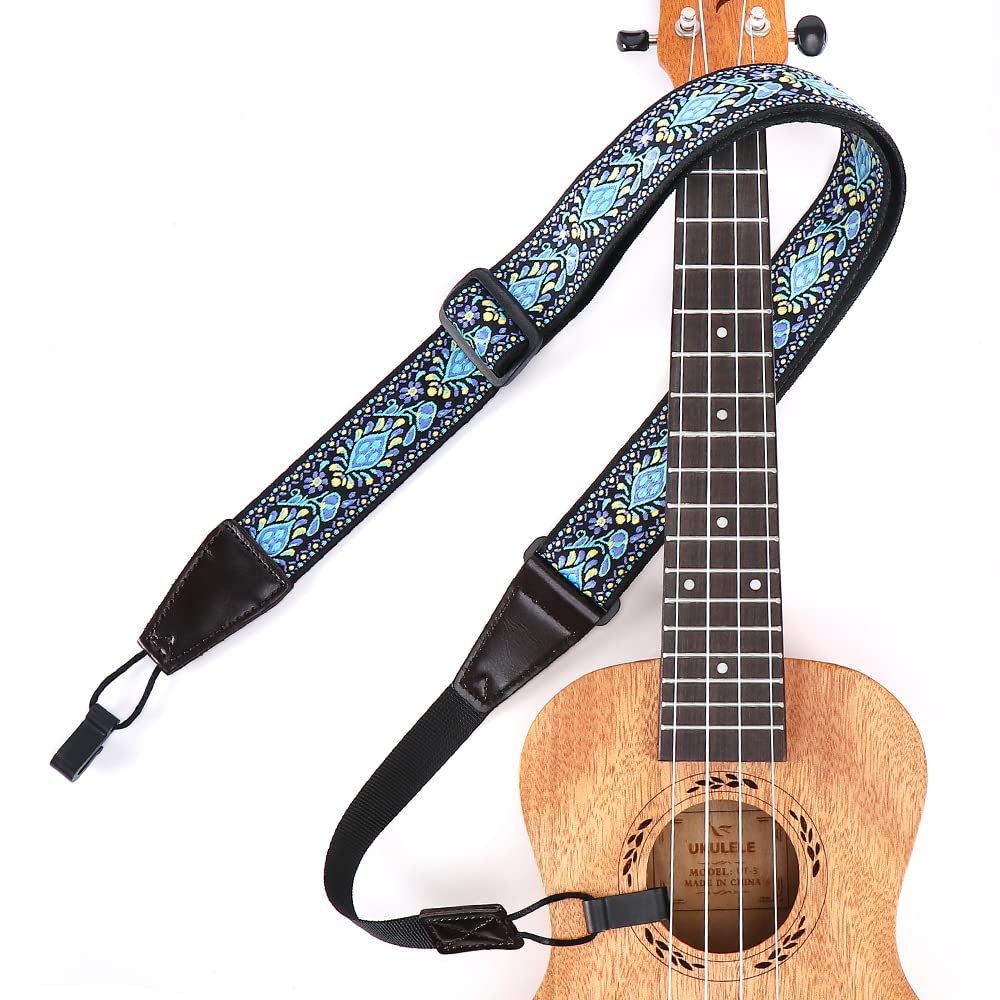 Ukulele Strap No Drill, Adjustable Double J Hook Clip on Uke Shoulder Strap, Hawaiian Jacquard Blue Flower Hands Free Ukelele Strap, Easy to Use and Fit Most Standard Uke Sizes Jacquard Blue Flowers