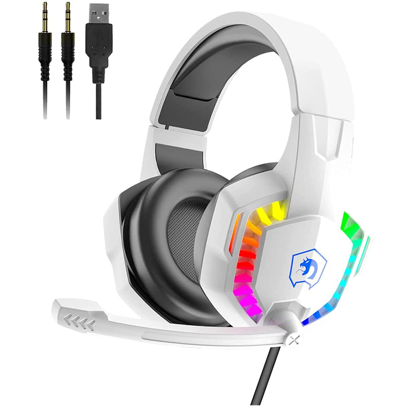 Wired Gaming Headset with Rainbow RGB Backlight Retractable Noise Isolating Microphone Stereo Sound Deep Bass Memory Foam Earmuff Over Ear Headphone for PS4 Xbox One Switch PC Mac Gamer Music (White) White