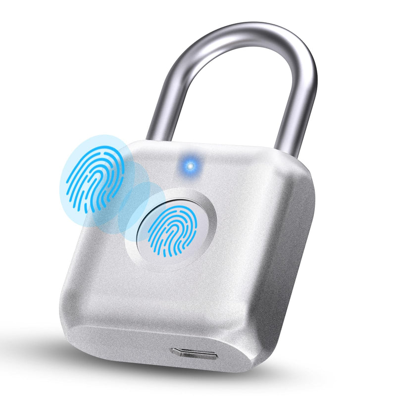 Pothunder Fingerprint Padlock, Smart Padlock, Locker Lock, Biometric Metal Keyless Fingerprint Lock, USB Rechargeable, for Gym Locker, Locker, Luggage, Backpack(Silver) Silver