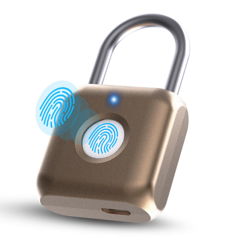 Pothunder Fingerprint Padlock, Smart Padlock, Locker Lock, Biometric Metal Keyless Fingerprint Lock, USB Rechargeable, for Gym Locker, Luggage, Backpack(Placer Gold) Placer Gold