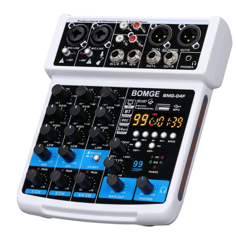 BOMGE 4 Channel mini DJ Audio Sound Mixer Interface with MP3、 USB, Bluetooth, Stereo Recording, 48V Phantom Power, 99 DSP for karaoke, performance, church singing 、 podcas streaming- white WHITE-04F