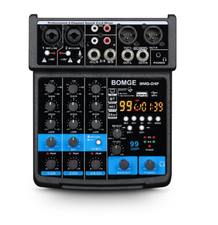 [AUSTRALIA] - BOMGE 4 Channel mini DJ Audio Sound Mixer Interface with MP3、 USB, Bluetooth, Stereo Recording, 48V Phantom Power, 99 DSP for karaoke, performance, church singing, podcas streaming BLACK-04F 