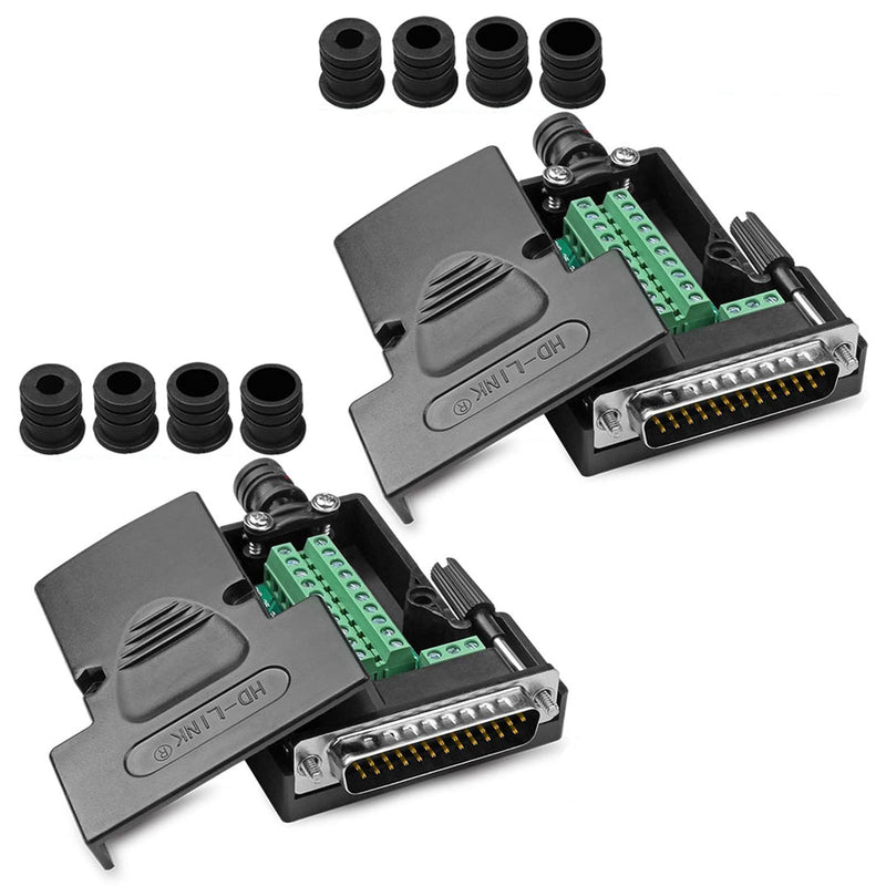ANMBEST 2PCS DB25 Solderless Connector, RS232 D-SUB Serial to 25-pin Port Terminal Male Adapter Breakout Board with Case Long Bolts Nuts 2PCS Male