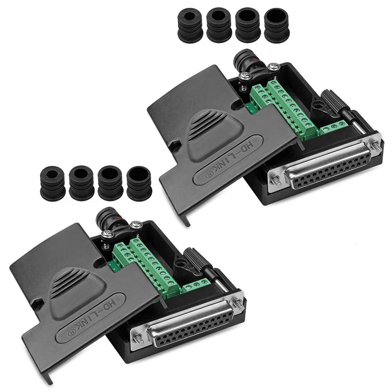 ANMBEST 2PCS DB25 Solderless Connector, RS232 D-SUB Serial to 25-pin Port Terminal Female Adapter Breakout Board with Case Long Bolts Nuts 2PCS Female