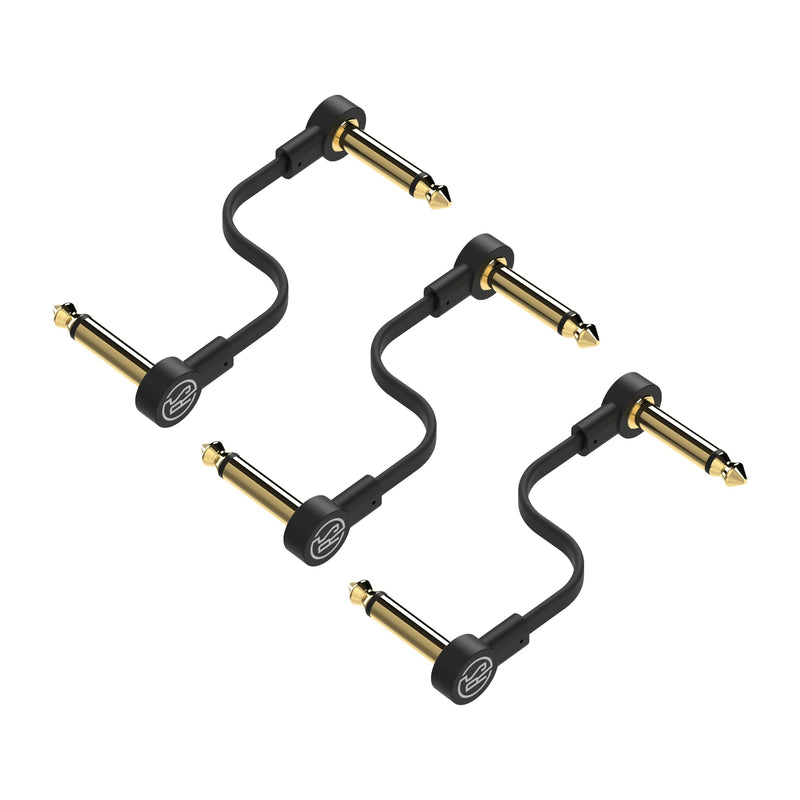 Rock Stock Guitar Flat Patch Cables (Pack of 3) - 12 Inch S-Shape Ultra-Thin Effect Guitar Pedal Patch Cables - Right-Angle, Black with Durable Gold Plated Connectors, Maximize Pedalboard Space 12 Inches
