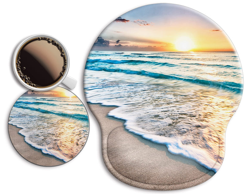 Ergonomic Mouse Pad with Wrist Support Rest,[ 20% Larger] Mousepad Gel Wrist Rest , with Coaster Non-Slip & Pain Relief for Computer, Desk, Home&Office-Beach N-Beach