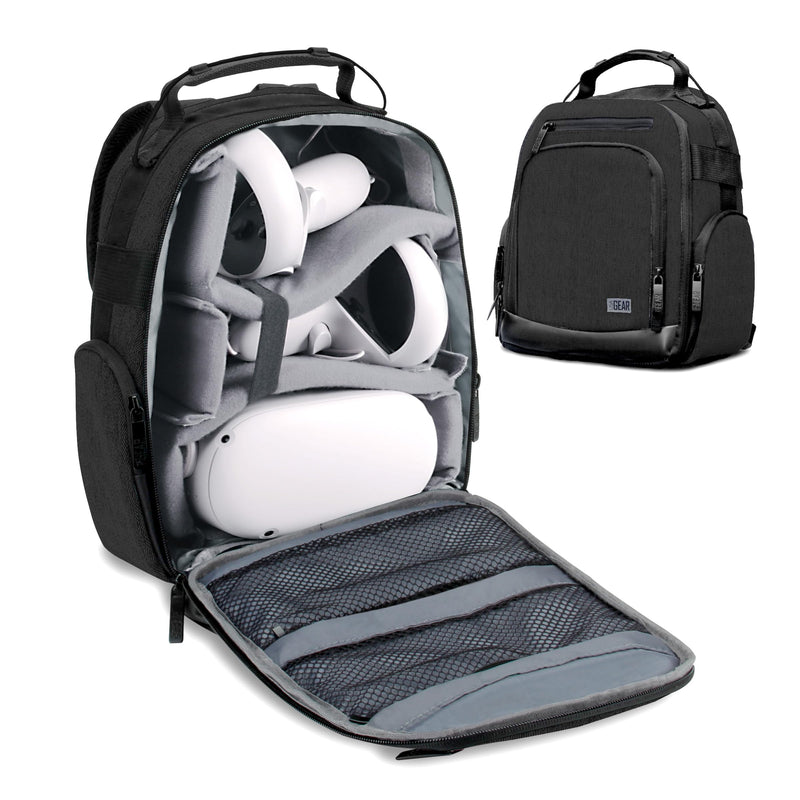 USA Gear VR Headset Backpack Travel Case Fits Meta Quest 3S, 3, 2, Controllers and Accessories - Virtual Reality Gaming Bag with Customizable Interior Dividers, Padded Backpack Straps (Black) Black
