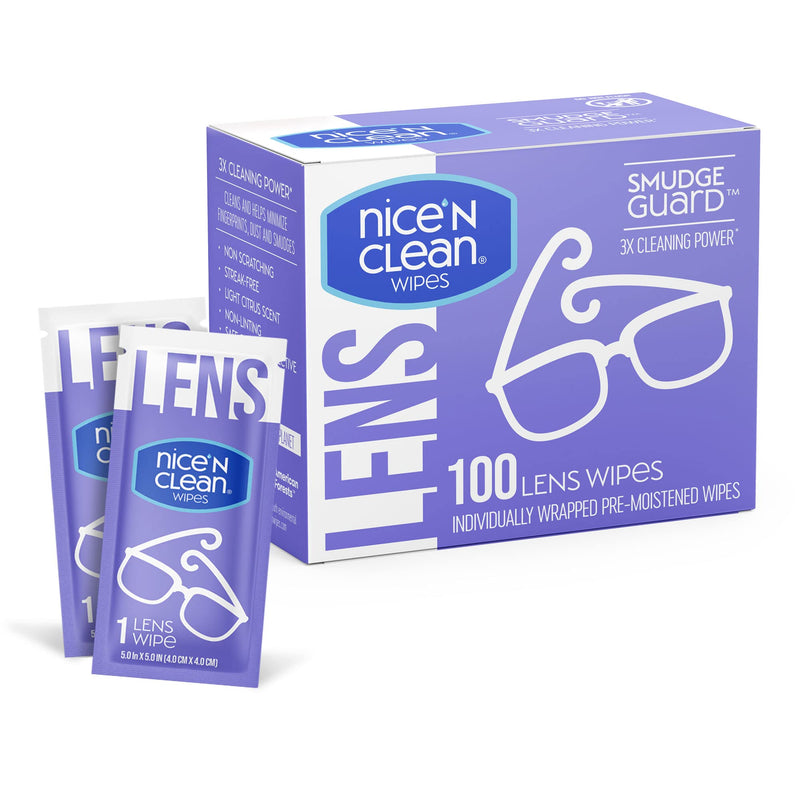 Nice 'n Clean SmudgeGuard Lens Cleaning Wipes (100 Total Wipes) | Pre-Moistened Individually Wrapped Wipes | Non-Scratching & Non-Streaking | Safe for Eyeglasses, Goggles, & Camera Lens 100 Count (Pack of 1)