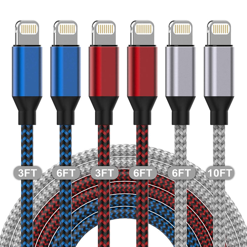 MUXA iPhone Charger [Apple MFi Certified] 6Pack 3/3/6/6/6/10 FT Nylon Braided Fast Charging Lightning Cable Compatible iPhone 13 12 11 Pro Max XS X