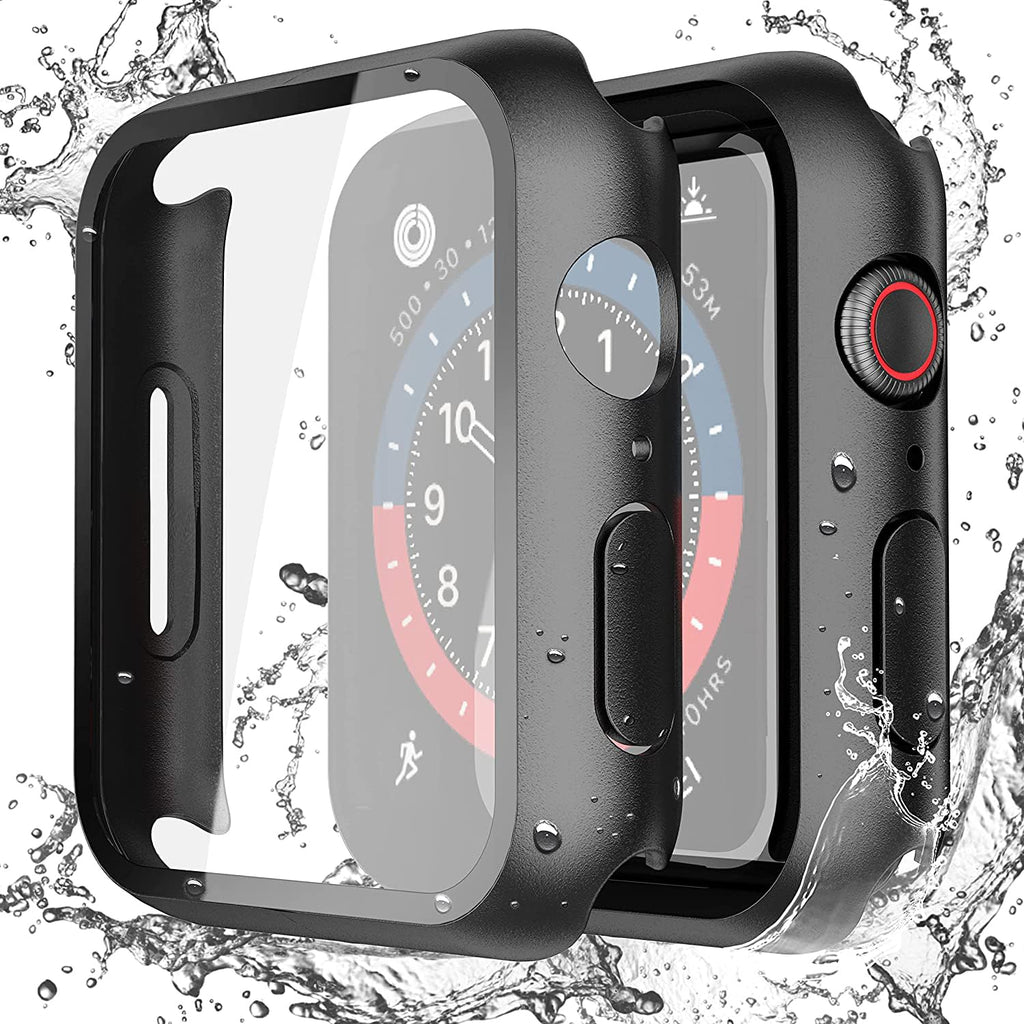 Misxi [2 Pack] Waterproof Black Hard Case with Tempered Glass Compatible with Apple Watch Series 6 SE Series 5 Series 4 44mm, Ultra-Thin Durable Protective Cover for iWatch Screen Protector 44mm(2-Pack) Matte Black