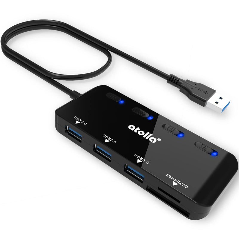 SD Card Reader, atolla USB Hub with SD/Micro SD Card Reader, USB Splitter with 3 USB Ports, 2 Card Slots and Individual LED Power Switches Dark black