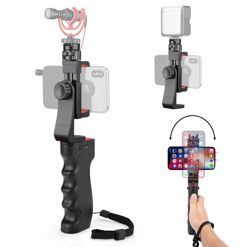 Zeadio Smartphone Stabilizer, Vlogging Hand Grip Video Holder Rig Handle Travel Selfie Stick with Clamp Mount for All iPhone and Android Mobile Cell Phone Without Remote Shutter