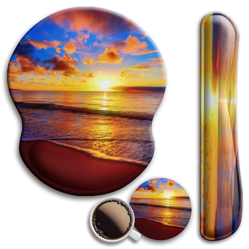 Mouse Pad and Keyboard Wrist Rest Support, with Non-Slip PU Base,Gel Mouse Pad with Coaster,Pain Relief for Gaming, Computer,Office -Sunset Beach B-Sunset Beach