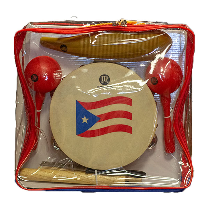 [AUSTRALIA] - DP Music Parranda Kit Percussion with Carrying Bag - Puerto Rico Flag 8 Inches Tambourine - Claves - Plastic Güiro & Maracas (Maracas Red) Maracas Red 