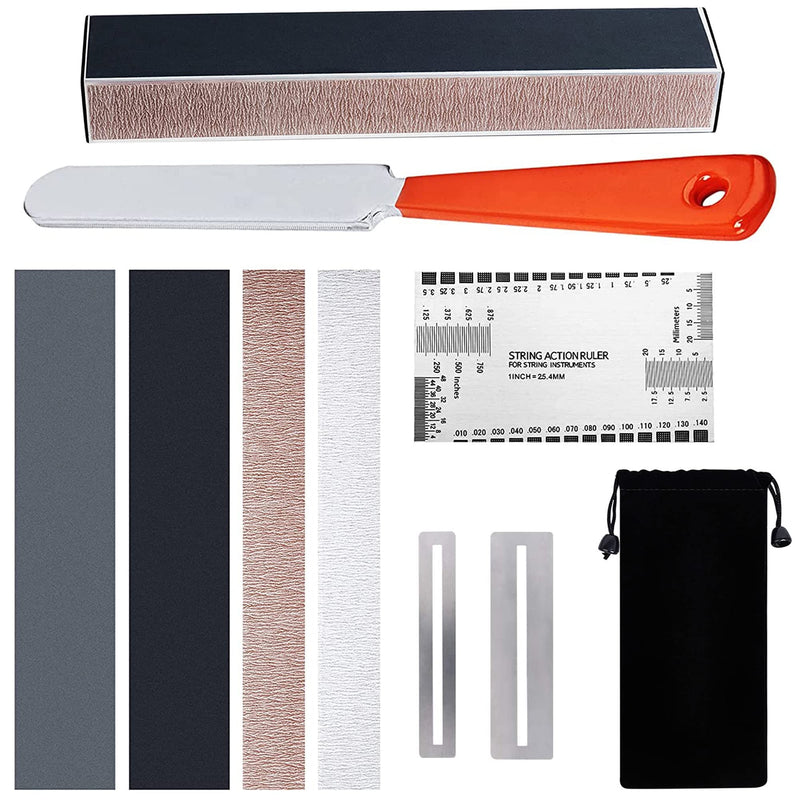 MIECOO 9PCS Guitar Luthier Repair Tool Kit Includes Guitar Fret Leveling Sanding Beam Leveler, Guitar Fret Crowning File, String Action Ruler Gauge, Fretboard Guards and Replacement Sandpapers 9 Pieces(Guitar Repair Kit)