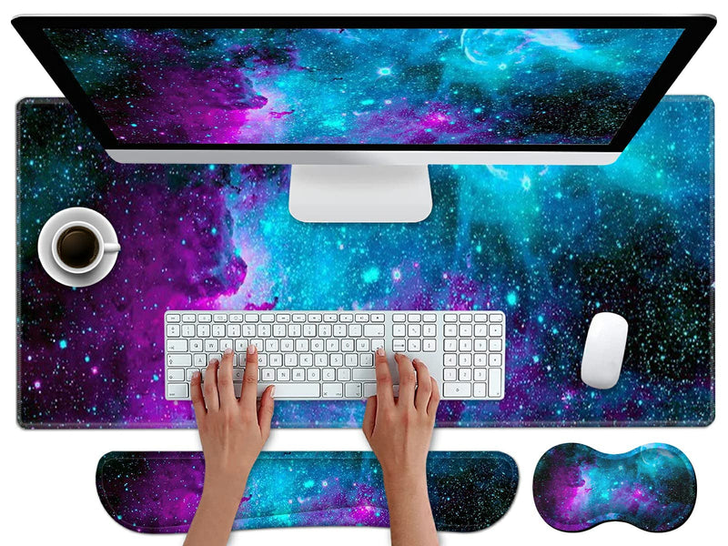 Pretty Mouse Pad and Gel Wrist Rest Set, Extended Desk Mat (31.5" x 11.8") with Memory Foam Ergonomic Keyboard Pad, Large Gaming Mouse Pad Non-Slip Easy Typing for Home Office, Milky Way Galaxy Stars XL-31.5"x11.8"x0.12"