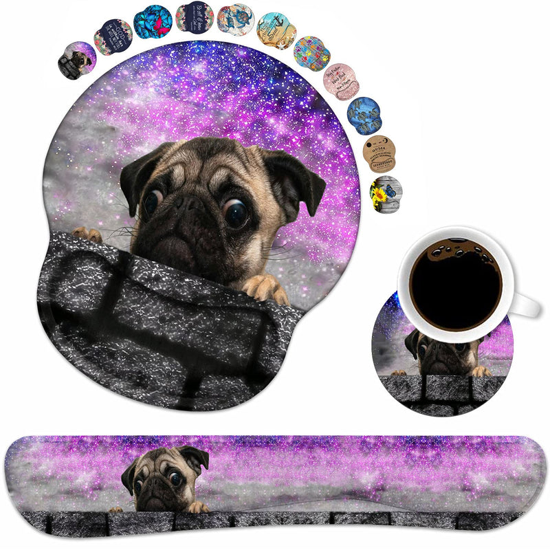 Keyboard Wrist Rest and Mouse Pad Wrist Support Set with Coasters, Non-Slip PU Base Ergonomic Gaming Mousepad for Home Office Working Studying Easy Typing & Pain Relief - Cute Pug