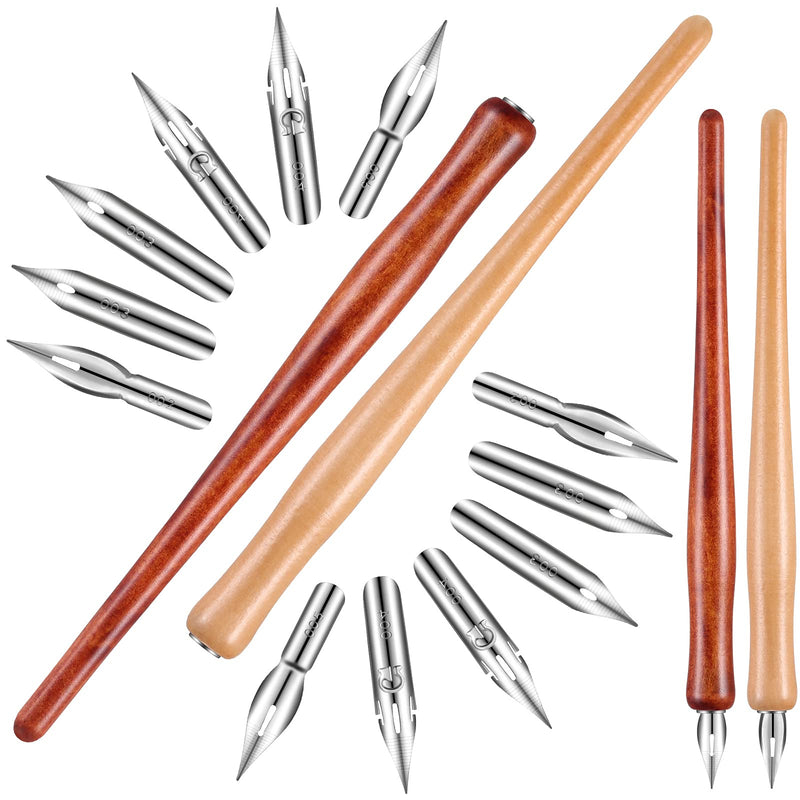 2 Pieces Comic Pen Holders with 12 Pieces Comic Pen Nibs Set, Wooden Comic Pen Nib Holder with Stainless Steel Comic Pen Nib Calligraphy Nibs for Writing, Painting, Signing