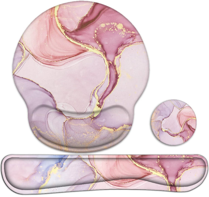 Keyboard Wrist Rest and Mouse Pad Wrist Support, Ergonomic Mouse Pads Memory Foam Mouse Pad for Gaming and Office, Pain Relief Mouse Pad and Wrist Support Set Pink Marble