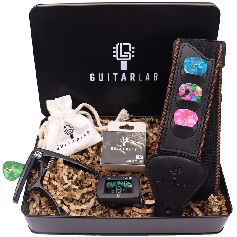 Guitar Accessories Kit - Premium Metal Tin with Guitar Strap, Capo, Tuner & Picks for Acoustic, Bass, Electric & Ukelele Guitars