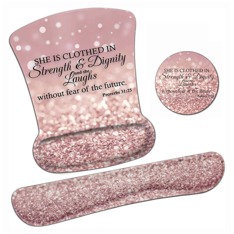 Ergonomic Mouse Pad Wrist Support Gel and Keyboard Wrist Rest Set Proverbs 31:25,Bible Verse Pink Glitter Design for Laptop, Mac, Gaming and Office, Durable, Comfortable and Pain Relief + Coaster Yu-mousepad-2-3