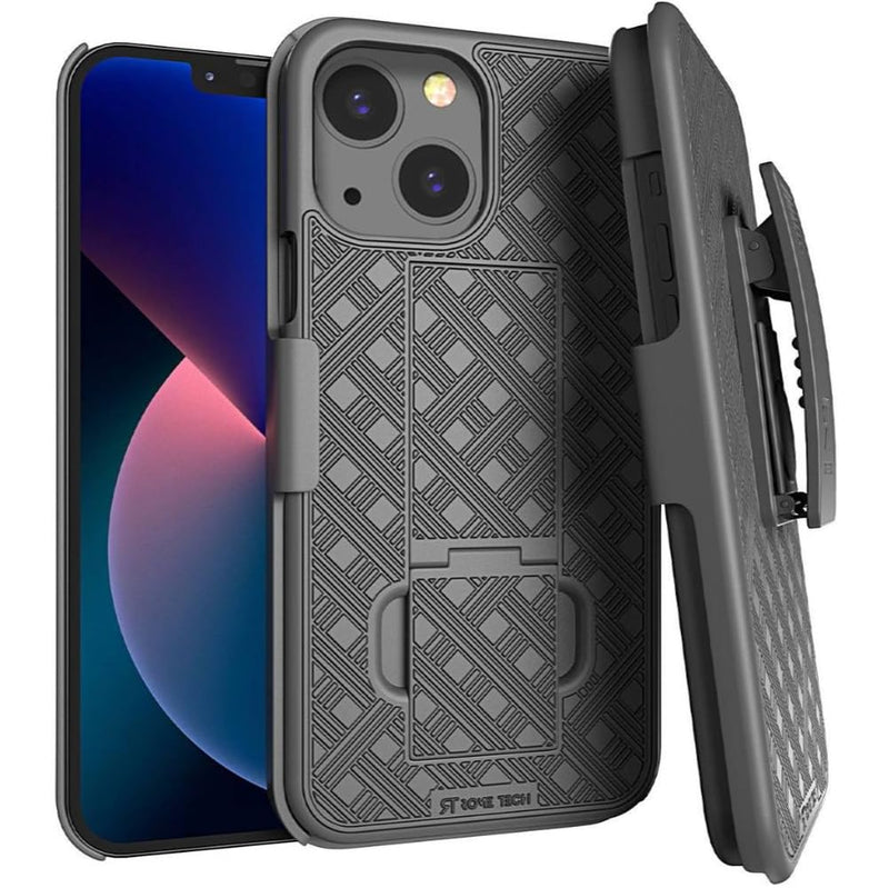 Rome Tech Holster Case with Belt Clip for Apple iPhone 13 6.1" (2021) - Slim Heavy Duty Shell Holster Combo - Rugged Phone Cover with Kickstand Compatible with iPhone 13 - Black