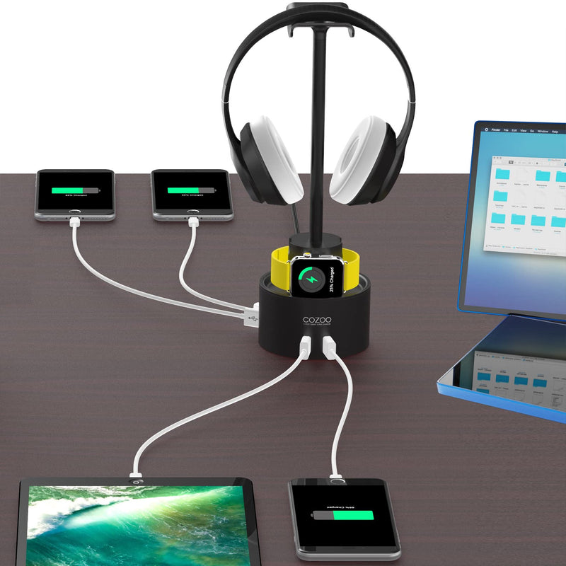 Headphone Stand with 5 USB Charger COZOO Desktop Gaming Headset Holder Hanger with 5 USB Charging Station,Watch Stand and Watch Wireless Charging,Accessories for Gaming,DJ,Wireless Earphone Display