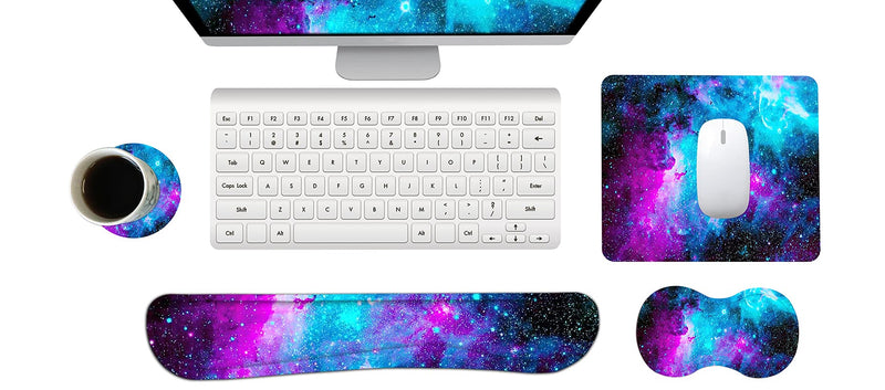 ArtSo Keyboard Wrist Rest and Mouse Pad with Wrist Support Set Ergonomic Coaster, Memory Foam Mousepad 4 in 1 Non-Slip Rubber Base Durable Comfortable for Easy Typing Pain Relief, Starry Sky Galaxy