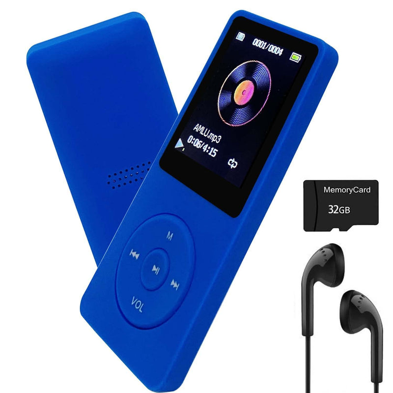 MP3 Player 32GB with Speaker Earphone Portable Mini Blue Music Player Support Voice Recorder E-Book 1.8 inch HD Screen Support up to 128GB