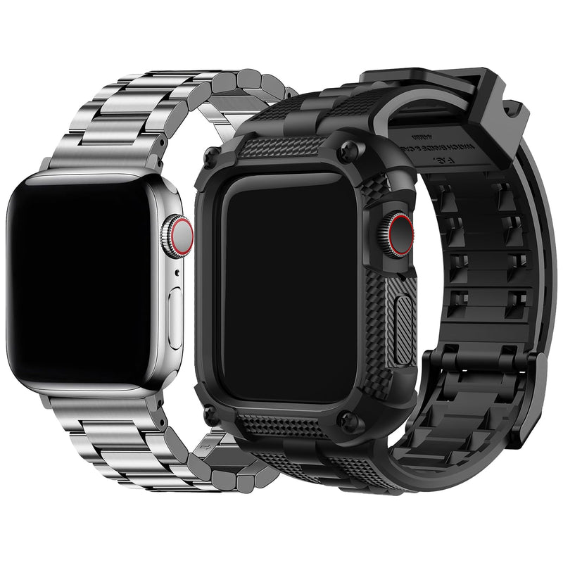 Fullmosa Compatible Apple Watch Stainless Steel Band with Case 38mm 40mm 41mm Silver & Compatible Apple Watch Silicone Rubber Band 40mm with Screen Protector,Black