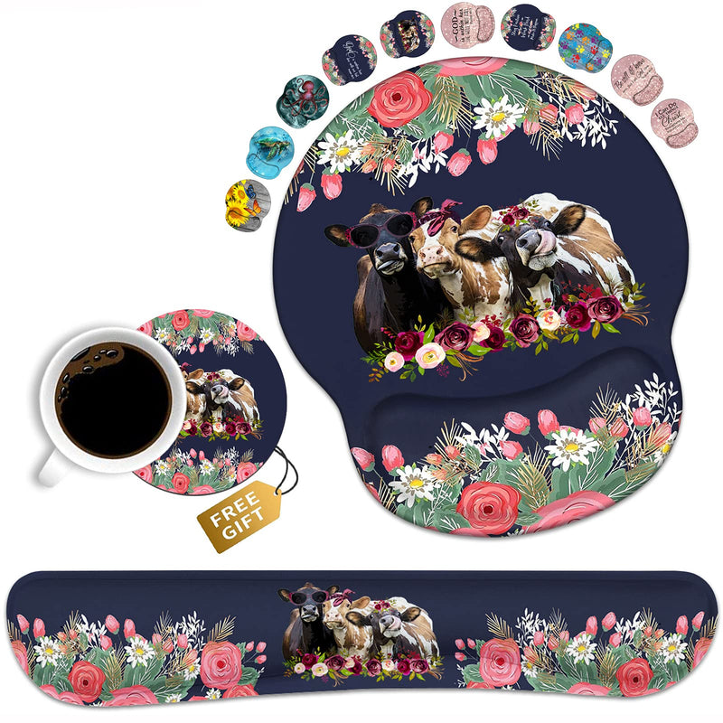 Keyboard Wrist Rest and Mouse Pad Wrist Support Set, Non-Slip PU Base Ergonomic Gaming Mousepad for Home Office Working Studying Easy Typing & Pain Relief - Floral Quote Funny Cows Combination