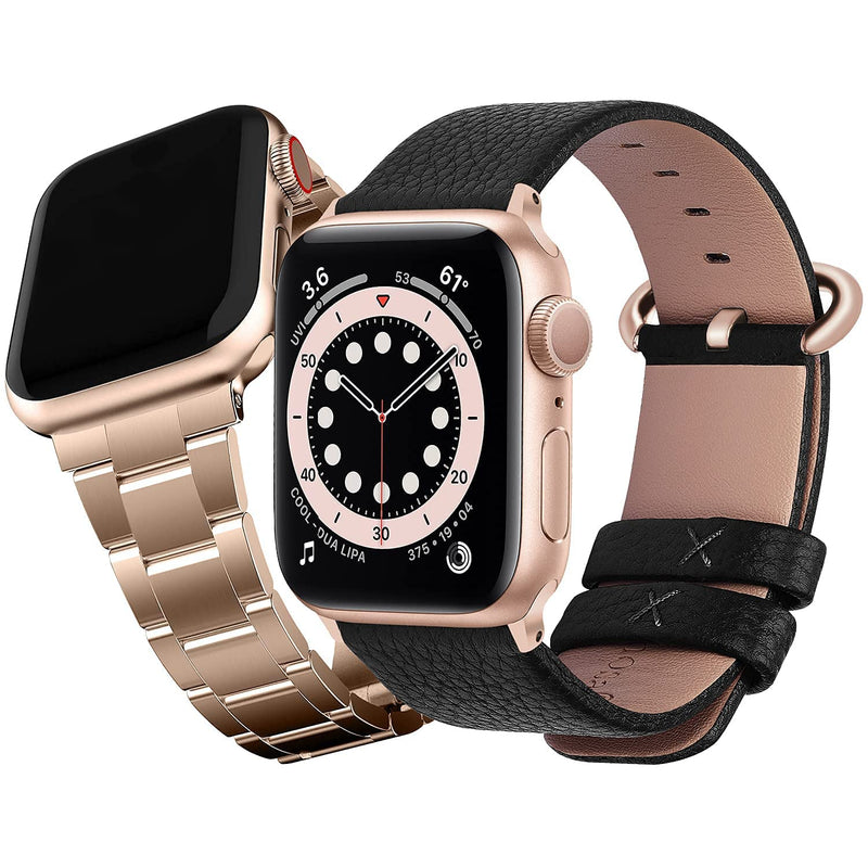 Fullmosa Compatible Apple Watch Band Leather Black 42mm 44mm 45mm with Rose Gold Buckle& Compatible Upgraded Version Stainless Steel iWatch Band/Strap with Case 42mm 44mm 45mm Rose Gold