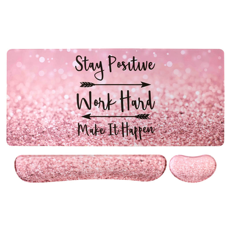 iCasso Keyboard Mouse Pad Set,Extended Gaming Mouse Pad+Keyboard Wrist Rest Support , Memory Foam, Easy Typing Pain Relief, 3Pcs (35.4×15.7 in) XXL Ultra Thick Desk Mat -Pink Stay Positive A-Pink Stay Positive