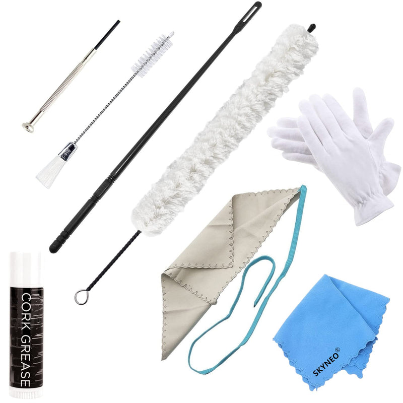 Flute Cleaning Kit Include 1pc Cotton Cleaning Brush, Flute Swab, Double-End Dust Brush,Flute Cleaning Rod, Screwdriver for Flute Repairing,Cork Grease, a Pair Cotton Gloves, 1pc Flute Cleaning Cloth white