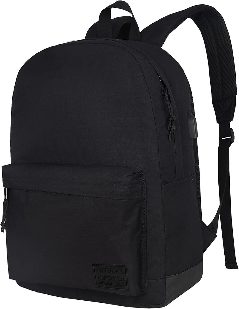 SUPACOOL Lightweight Casual Laptop Backpack with USB Charging Port For for Men and Women, Daily use backpack, Backpack for College (Full Black) Full Black