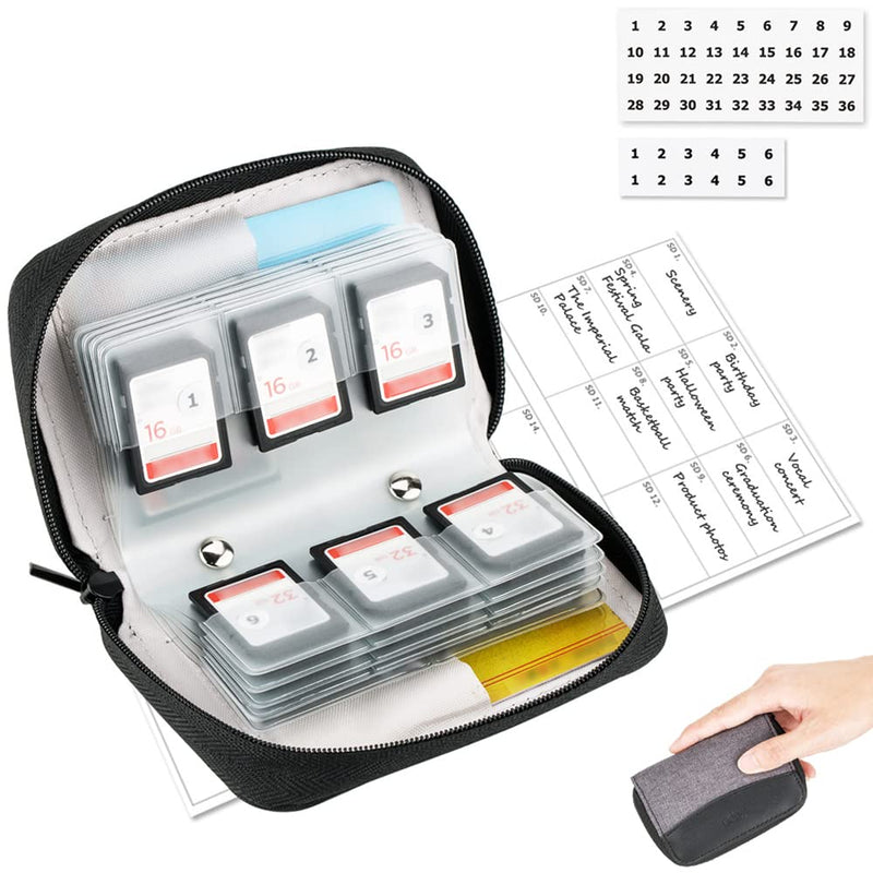 (24 SD + 4 CF) 28 Slots Memory Card Case Holder with Labels, SD Card Wallet Storage for 24 SD SDXC SDHC Cards + 4 CF XQD Cards, Portable Carrying Cases Organizer with Number Sticker - Grey Gray, 24 SD + 4 CF