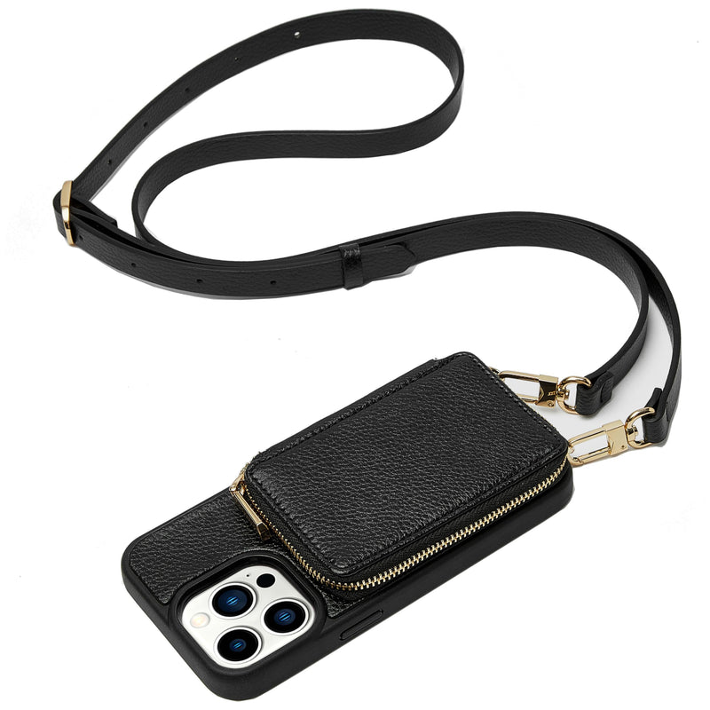 ZVE iPhone 13 Pro Max Crossbody Wallet Case, Card Holder Phone Case for Women, Zipper Leather Purse with Wrist Strap, RFID Blocking Cover Gift for iPhone 13 Pro Max (6.7 inch, 2021)- Black iPhone 13 Pro Max, 6.7"