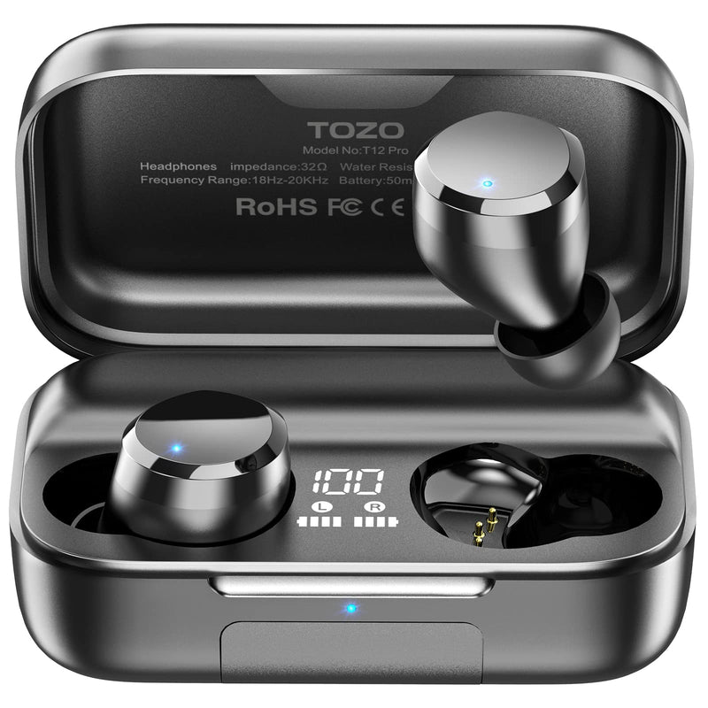 TOZO T12 Pro Wireless Earbuds with Qualcomm QCC3040, aptX Stereo Sound | 4 Mics CVC 8.0 Call Noise Cancelling Ear Buds, 2500mAh Wireless Charging Case, IPX8 Waterproof, 10mm Drivers, Premium Audio Black