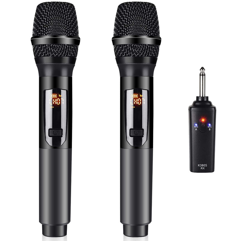 Wireless Microphone, K380S Dual Cordless Metal Dynamic Mic System with Rechargeable Receiver, for Karaoke Singing, Wedding, Party, Speech, Church, Meeting