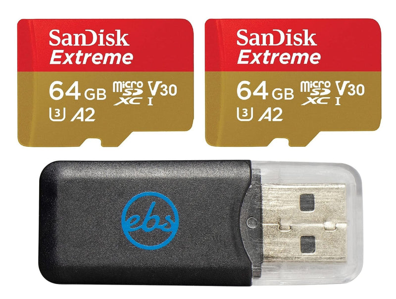 SanDisk Extreme (UHS-1 U3 / V30) A2 64GB MicroSD (2 Pack) Memory Card for GoPro Hero 10 Black Action Cam Hero10 SDXC (SDSQXA2-064G-GN6MN) Bundle with (1) Everything But Stromboli Micro SD Card Reader