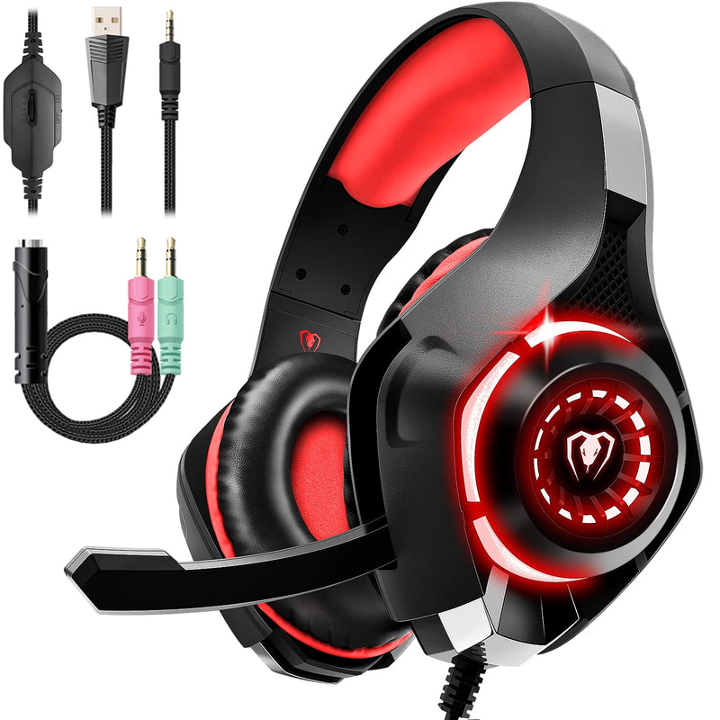 Gaming Headset for PS4 PS5 Xbox One Switch PC with Noise Canceling Mic, Deep Bass Stereo Sound (Black Red) Black Red